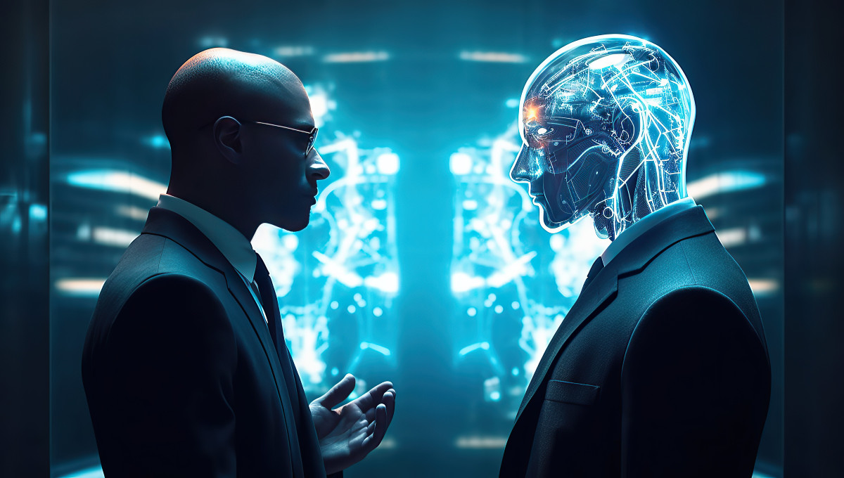 Un homme face à un autre homme dont la tête est illustrée avec un crâne transparent, exposant l'intérieur de ses pensées et de ses motivations pendant la négociation. L’image symbolise la recherche d'une compréhension mutuelle et transparente dans les discussions et les échanges commerciaux.