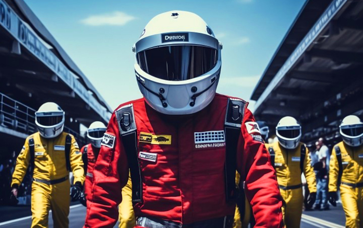 Un leader inspirant en tête, suivi par une équipe unie, avançant vers leur objectif commun sur le circuit de la réussite.